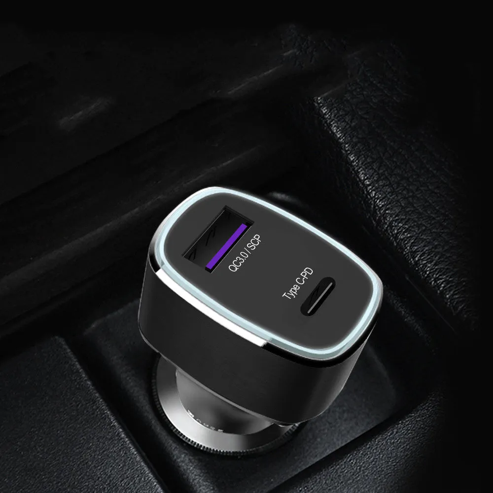 Dual USB Type C car charger with black or grey housing for cigarette lighter fast charging