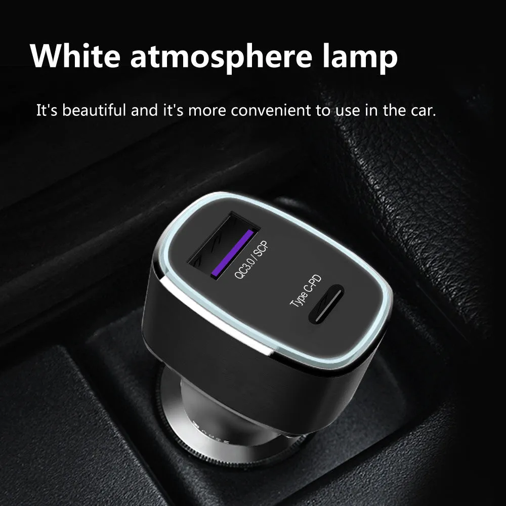 Dual USB Type C car charger with black or grey housing for cigarette lighter fast charging