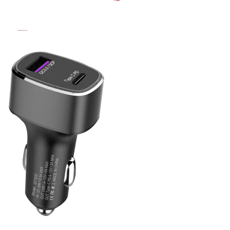 Dual USB Type C car charger with black or grey housing for cigarette lighter fast charging
