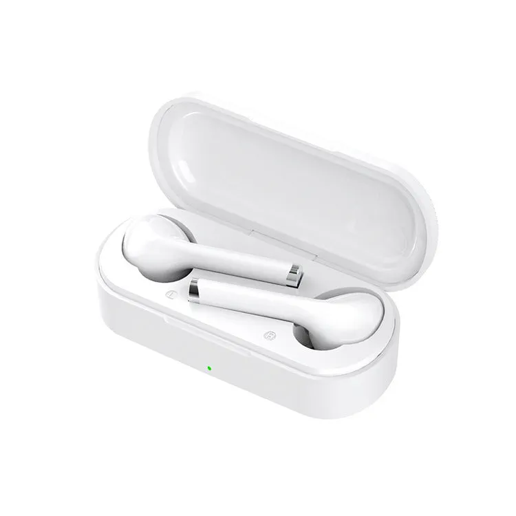 Black and white true wireless Bluetooth headphones with USB charging dock