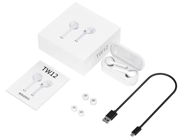 Black and white true wireless Bluetooth headphones with USB charging dock
