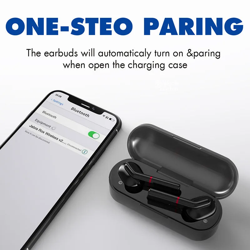 Black and white VV1 true wireless Bluetooth earphones with a compact charging case.