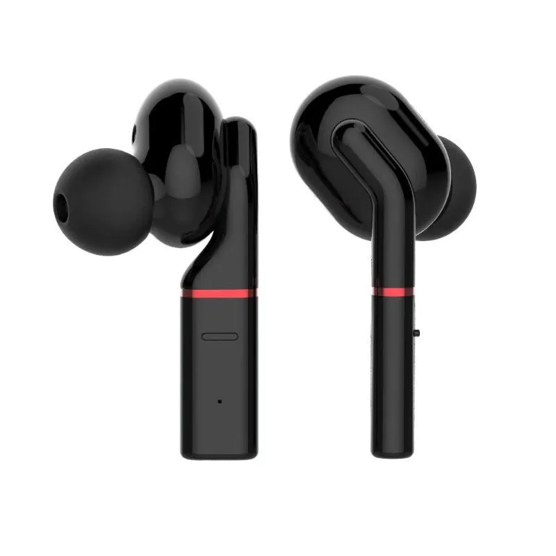 Black and white VV1 true wireless Bluetooth earphones with a compact charging case.