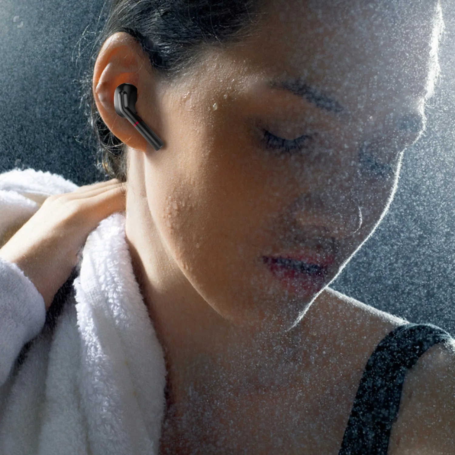 Black and white VV1 true wireless Bluetooth earphones with a compact charging case.