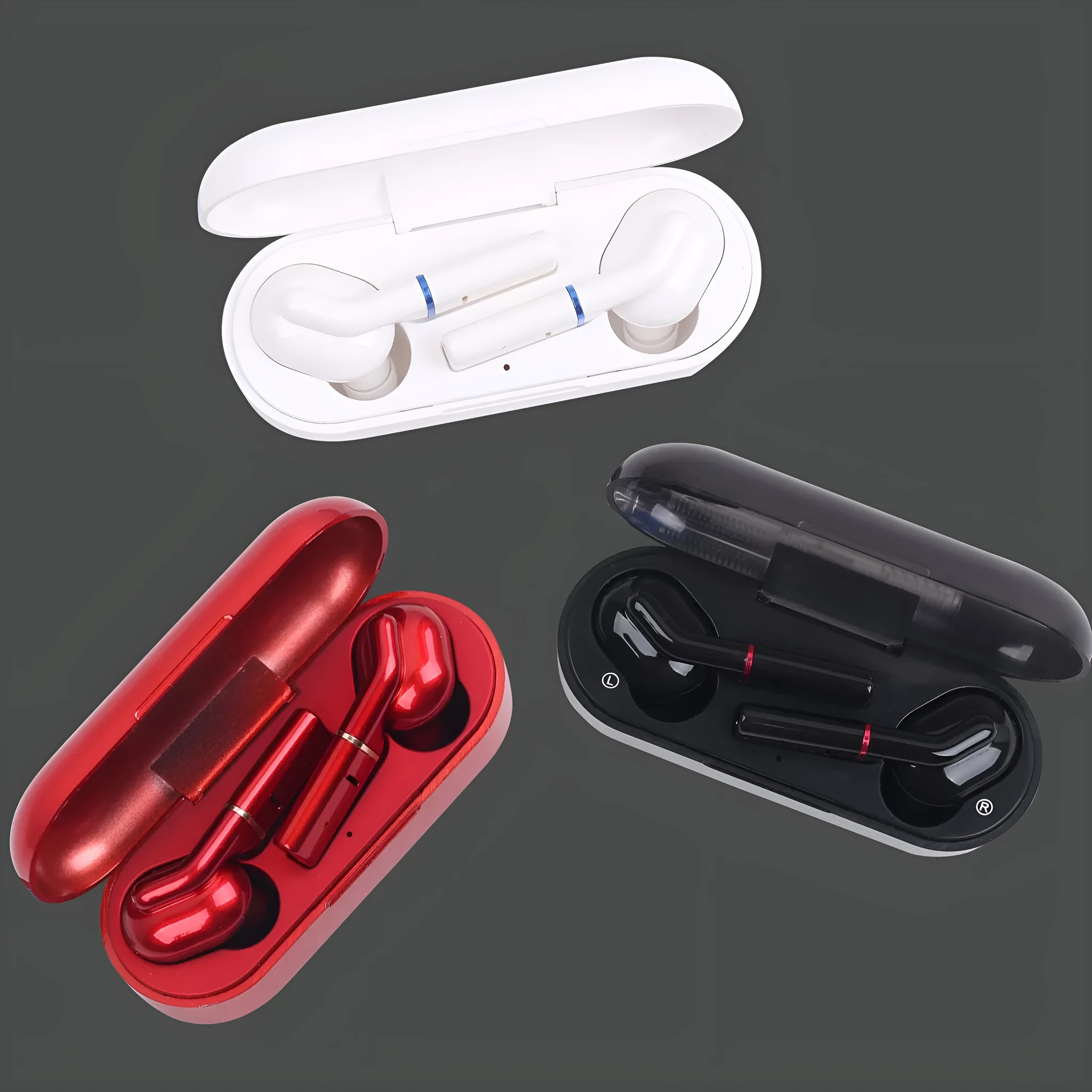Black and white VV1 true wireless Bluetooth earphones with a compact charging case.