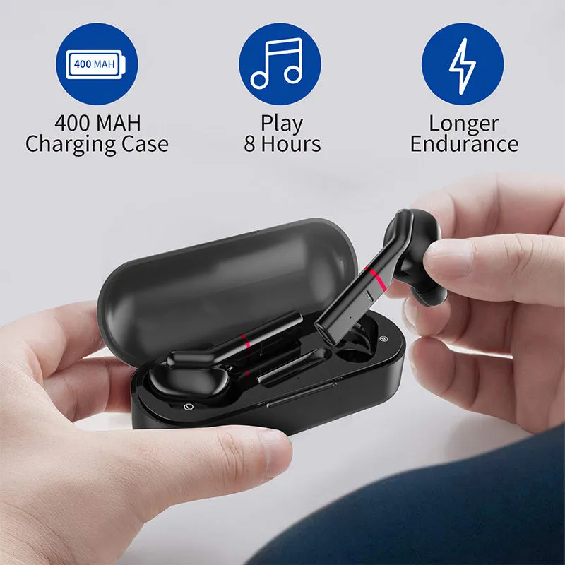 Black and white VV1 true wireless Bluetooth earphones with a compact charging case.