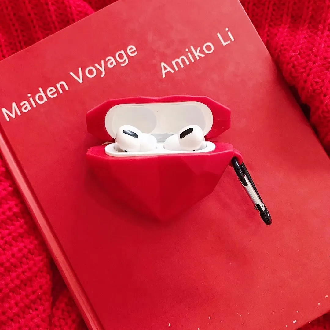 Red silicone case with diamond love heart pattern for Apple AirPods charging case