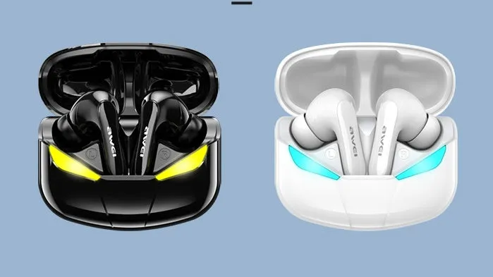 Black wireless Bluetooth gaming headset with earplug design showing 10 metre range and Bluetooth 5.0 features