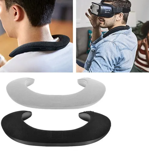 Blue neck-mounted U-shaped Bluetooth sports speaker worn around neck for hands-free audio during running