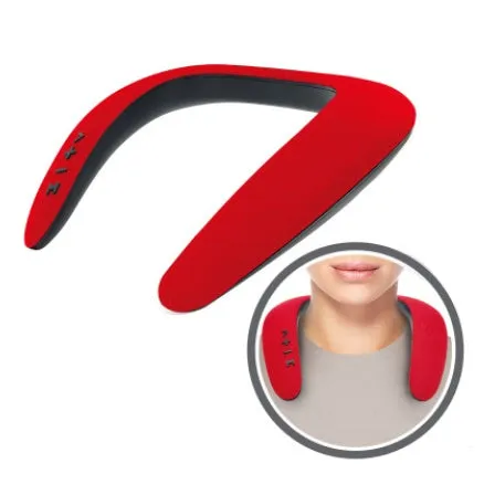 Blue neck-mounted U-shaped Bluetooth sports speaker worn around neck for hands-free audio during running