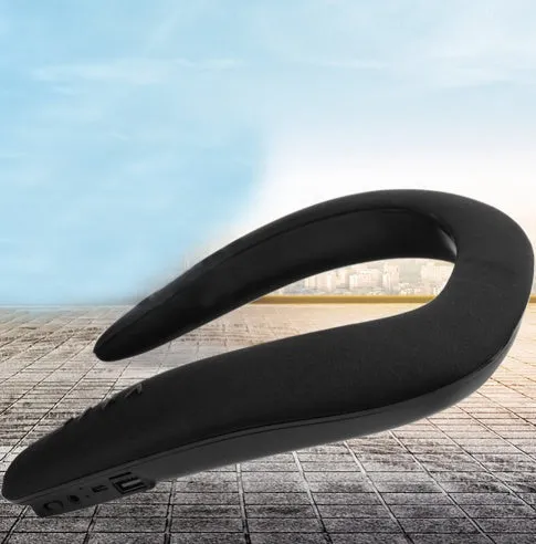 Blue neck-mounted U-shaped Bluetooth sports speaker worn around neck for hands-free audio during running
