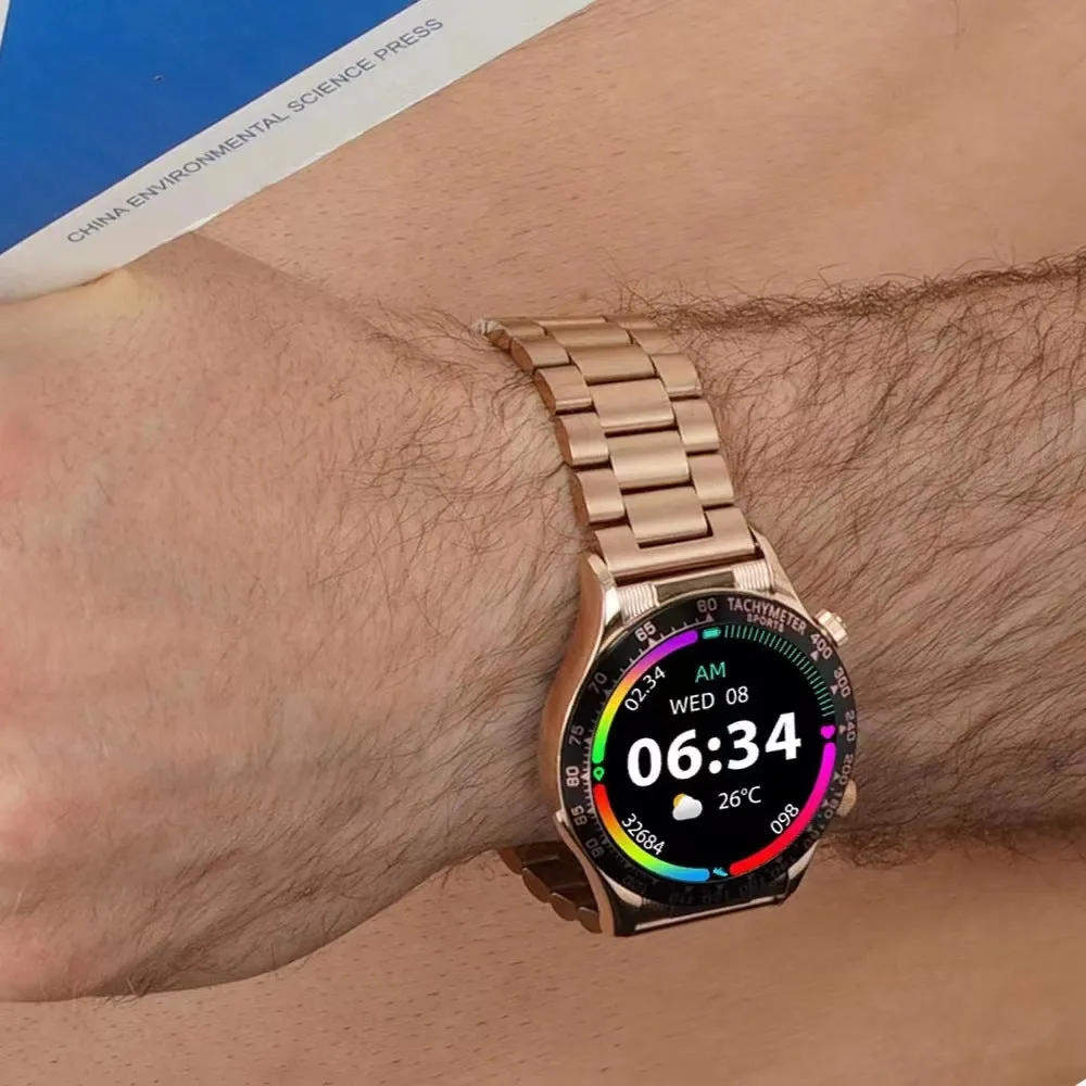 Men's black Bluetooth smartwatch with a round IPS screen on a silicone strap, showing fitness stats.