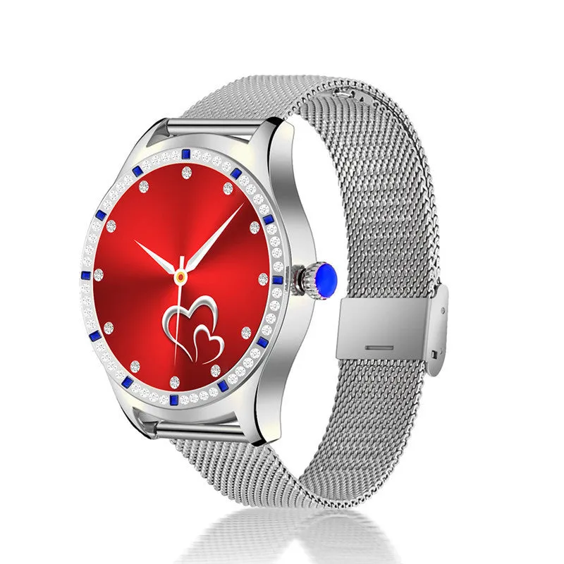 Women's smart watch with 1.28-inch screen showing health metrics, available in gold or silver with Bluetooth calling functionality