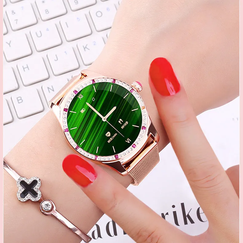 Women's smart watch with 1.28-inch screen showing health metrics, available in gold or silver with Bluetooth calling functionality