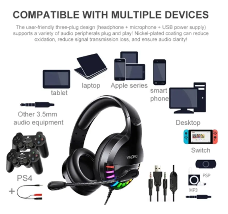 Black wired gaming headset with microphone and sound card line control featuring 3.5mm plug