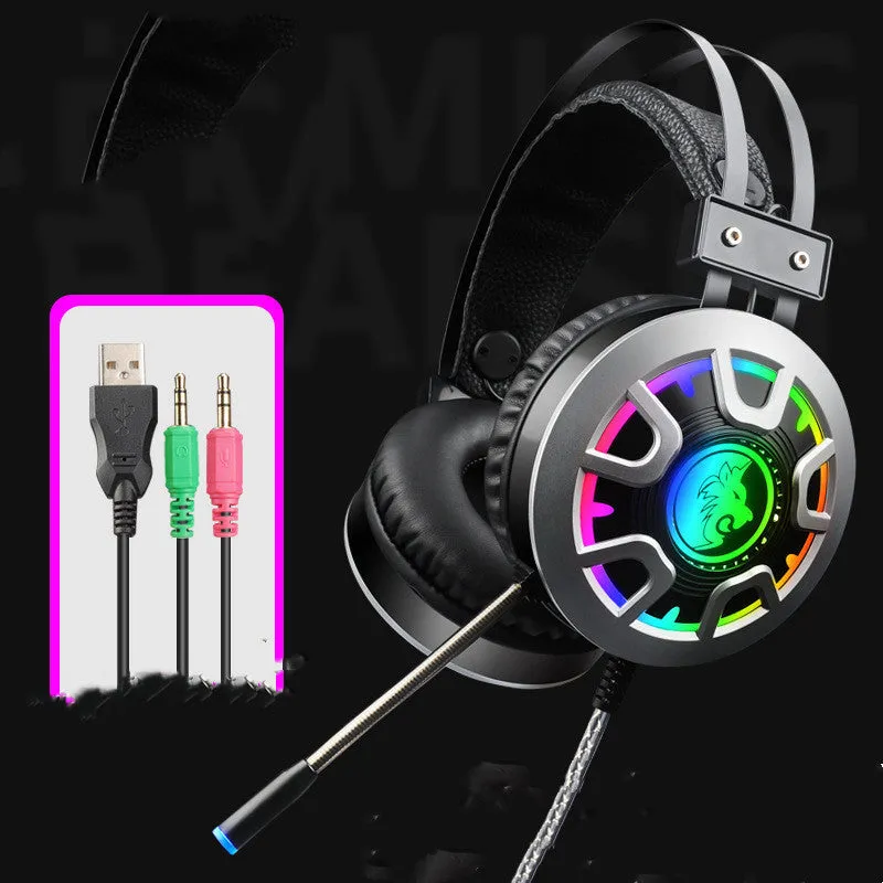 M5 gaming headset with RGB luminous design, black and silver style, over-ear wired headset with leather cushions