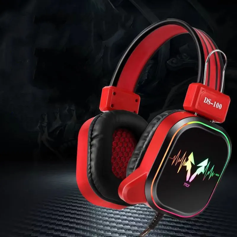M5 gaming headset with RGB luminous design, black and silver style, over-ear wired headset with leather cushions