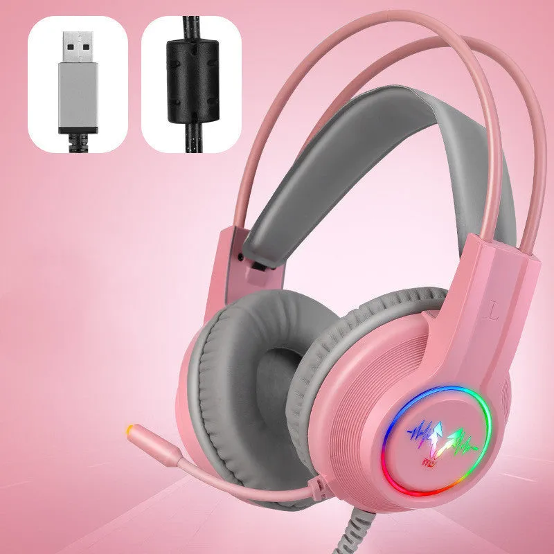 M5 gaming headset with RGB luminous design, black and silver style, over-ear wired headset with leather cushions