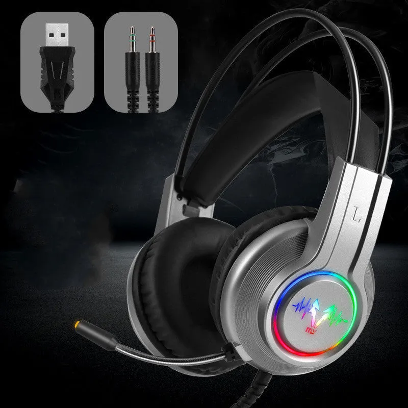 M5 gaming headset with RGB luminous design, black and silver style, over-ear wired headset with leather cushions