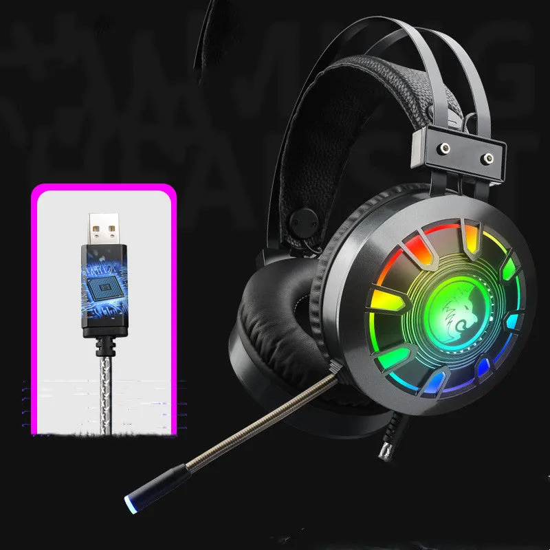 M5 gaming headset with RGB luminous design, black and silver style, over-ear wired headset with leather cushions