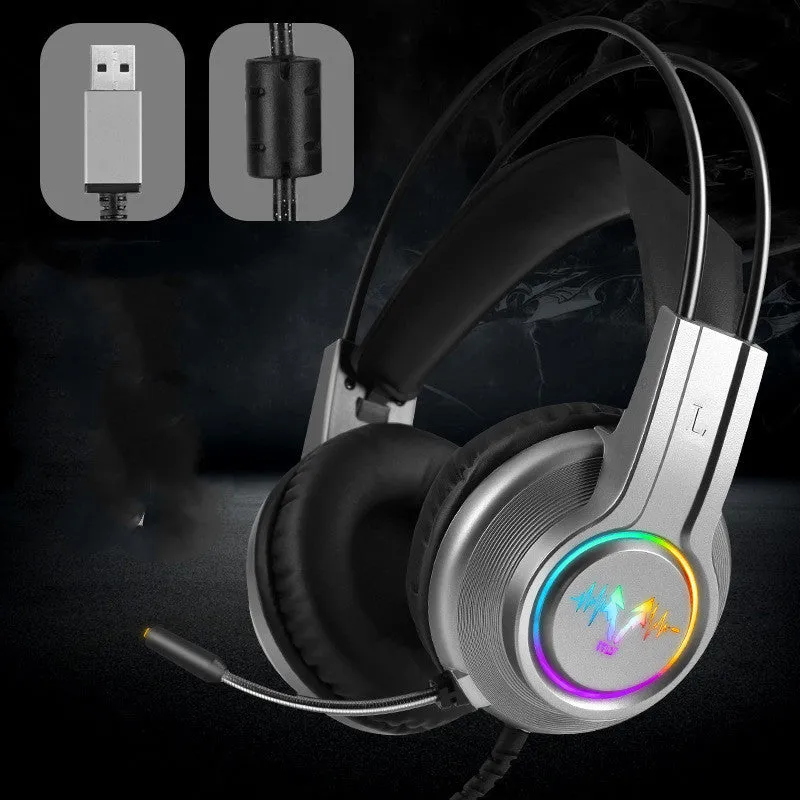 M5 gaming headset with RGB luminous design, black and silver style, over-ear wired headset with leather cushions