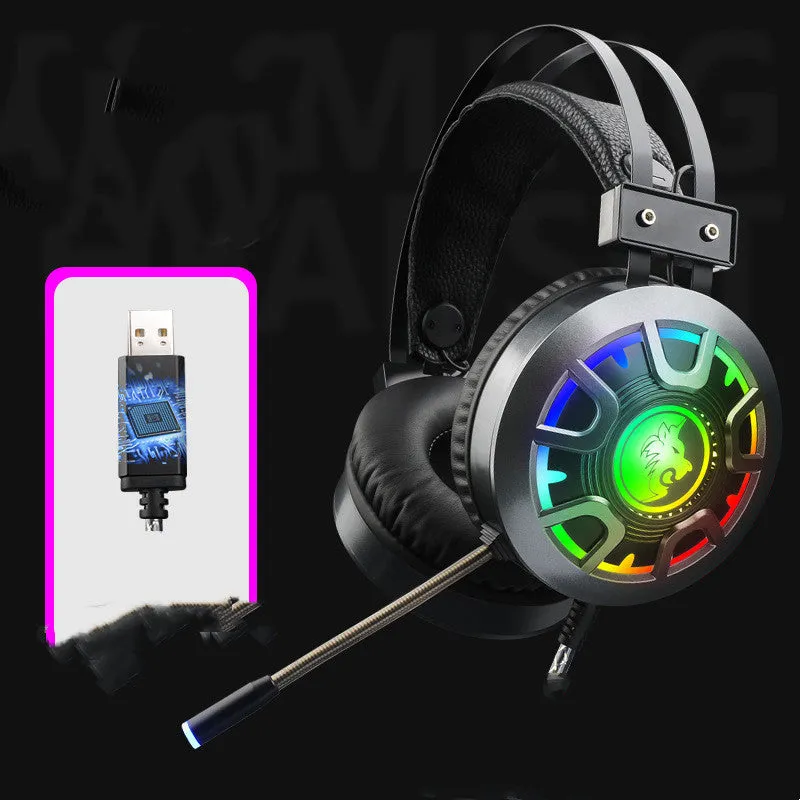 M5 gaming headset with RGB luminous design, black and silver style, over-ear wired headset with leather cushions