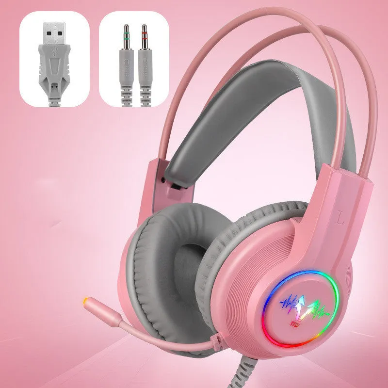 M5 gaming headset with RGB luminous design, black and silver style, over-ear wired headset with leather cushions