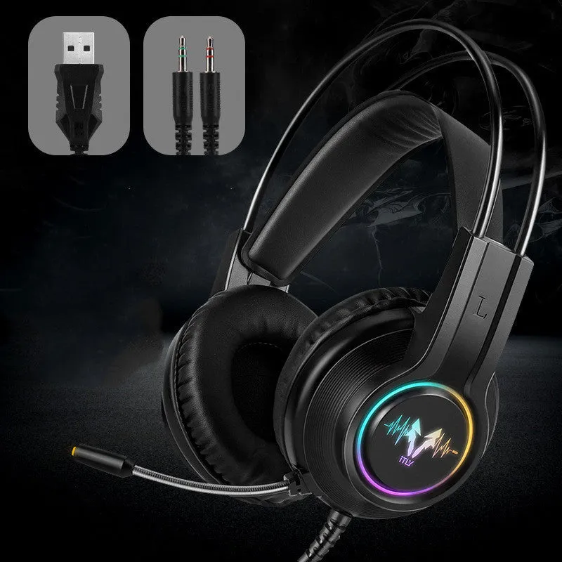 M5 gaming headset with RGB luminous design, black and silver style, over-ear wired headset with leather cushions