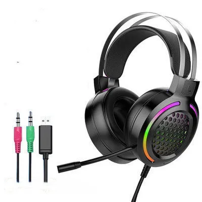 M5 gaming headset with RGB luminous design, black and silver style, over-ear wired headset with leather cushions