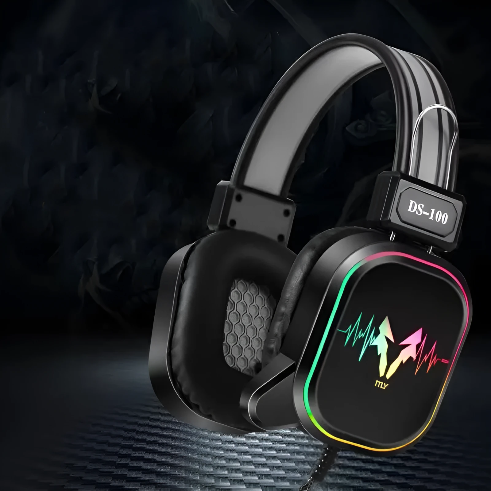 M5 gaming headset with RGB luminous design, black and silver style, over-ear wired headset with leather cushions