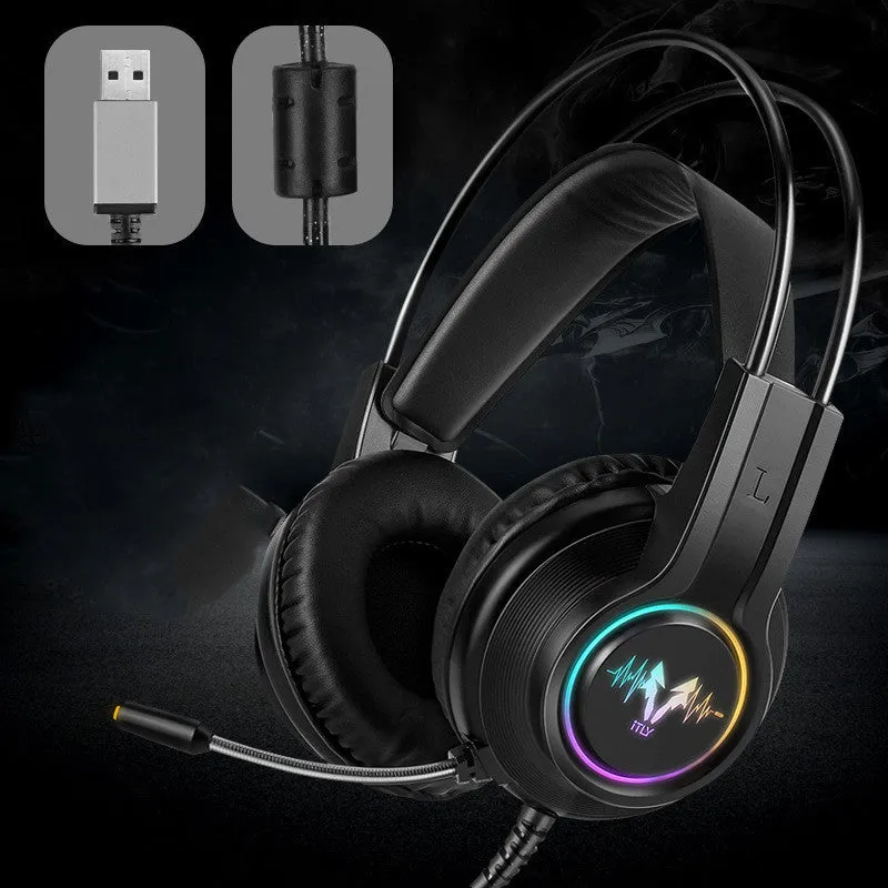 M5 gaming headset with RGB luminous design, black and silver style, over-ear wired headset with leather cushions