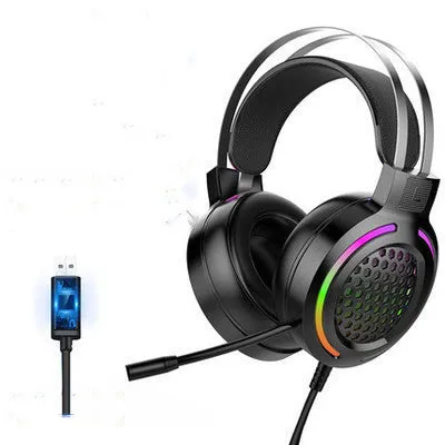 M5 gaming headset with RGB luminous design, black and silver style, over-ear wired headset with leather cushions