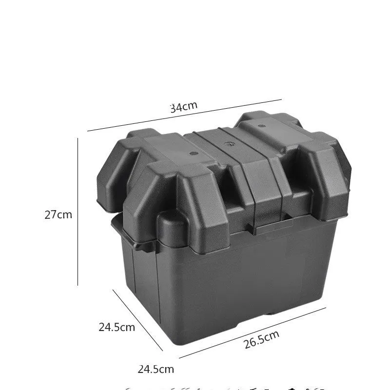 Black PP plastic battery storage box with strap and base screw fixing system shown in two size options