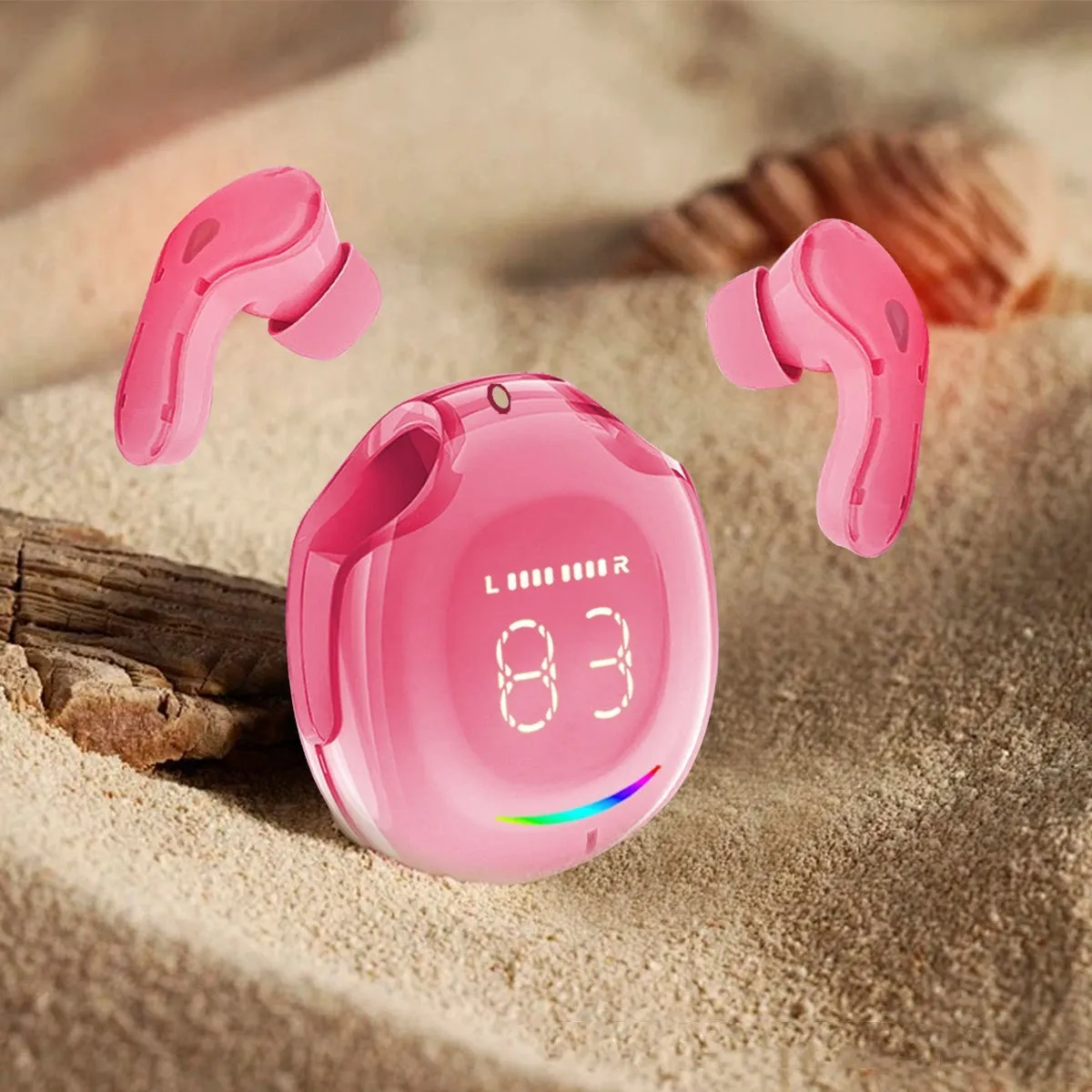 Wireless Bluetooth headset with digital display in various colours including black, white, light blue, dark purple, beige, and emerald green