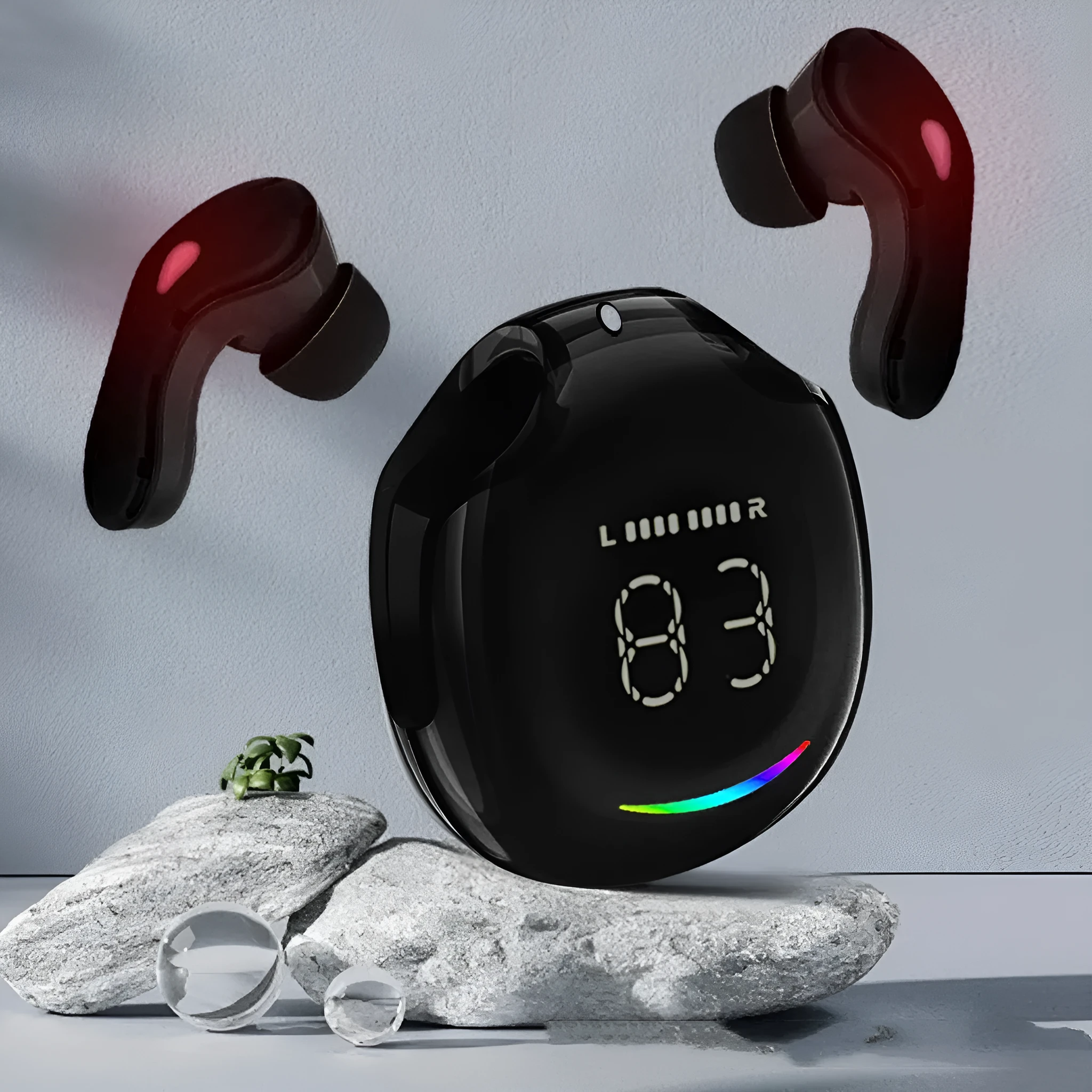 Wireless Bluetooth headset with digital display in various colours including black, white, light blue, dark purple, beige, and emerald green