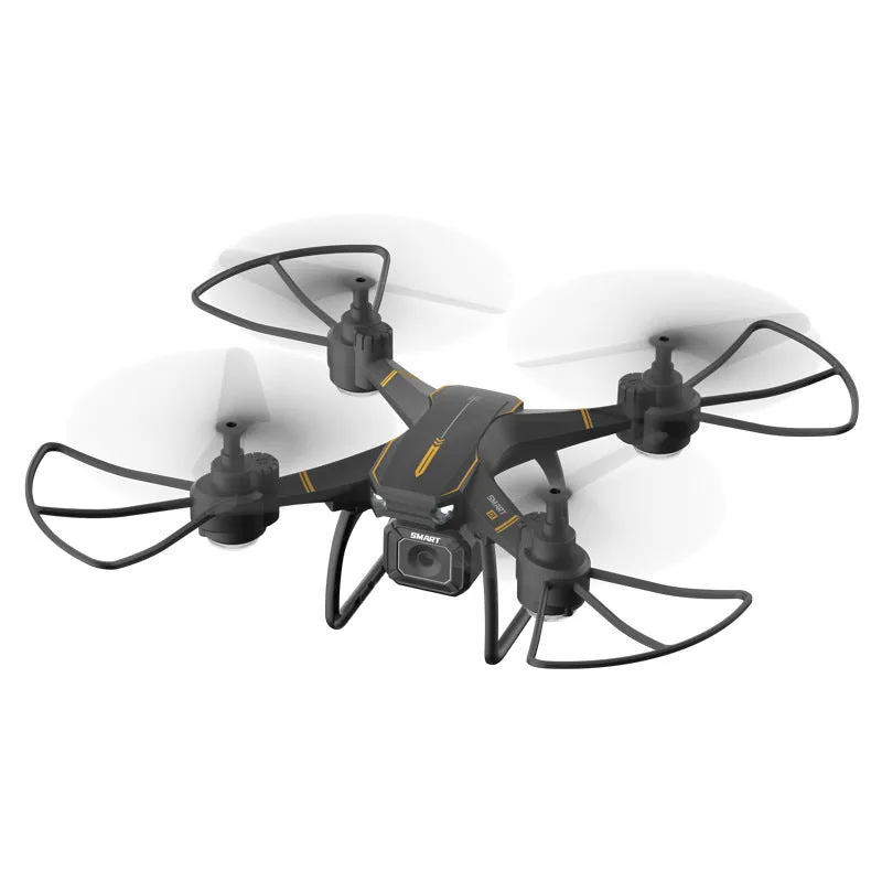 Blue remote control drone with four propeller guards, shown with its transmitter and accessories.