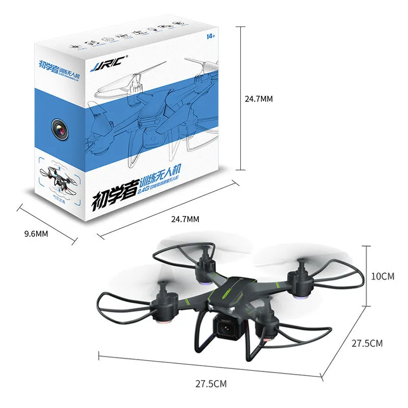Blue remote control drone with four propeller guards, shown with its transmitter and accessories.