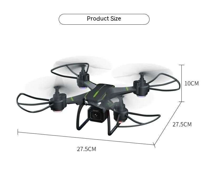 Blue remote control drone with four propeller guards, shown with its transmitter and accessories.