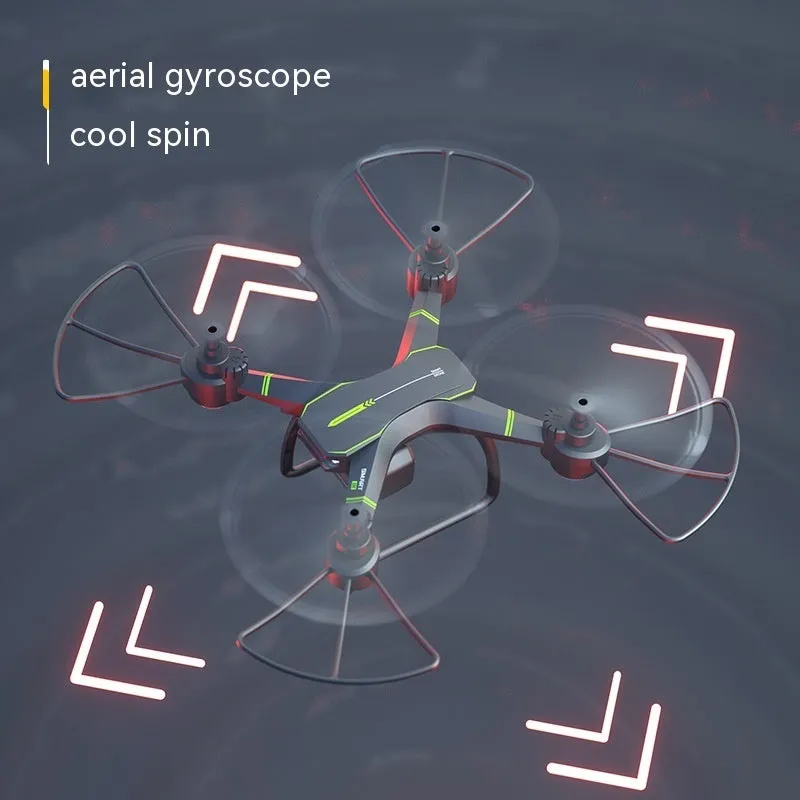 Blue remote control drone with four propeller guards, shown with its transmitter and accessories.