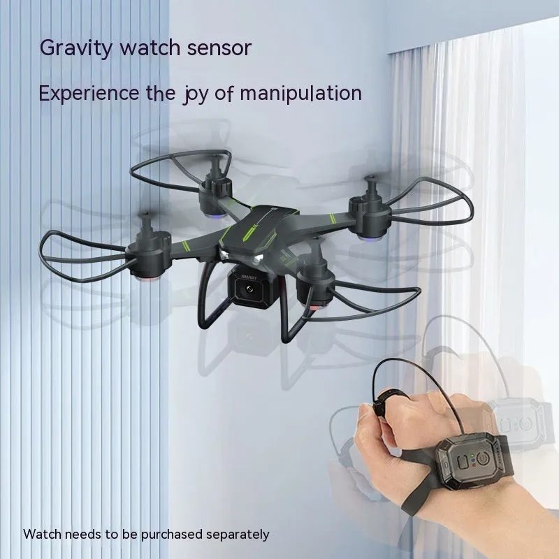 Blue remote control drone with four propeller guards, shown with its transmitter and accessories.