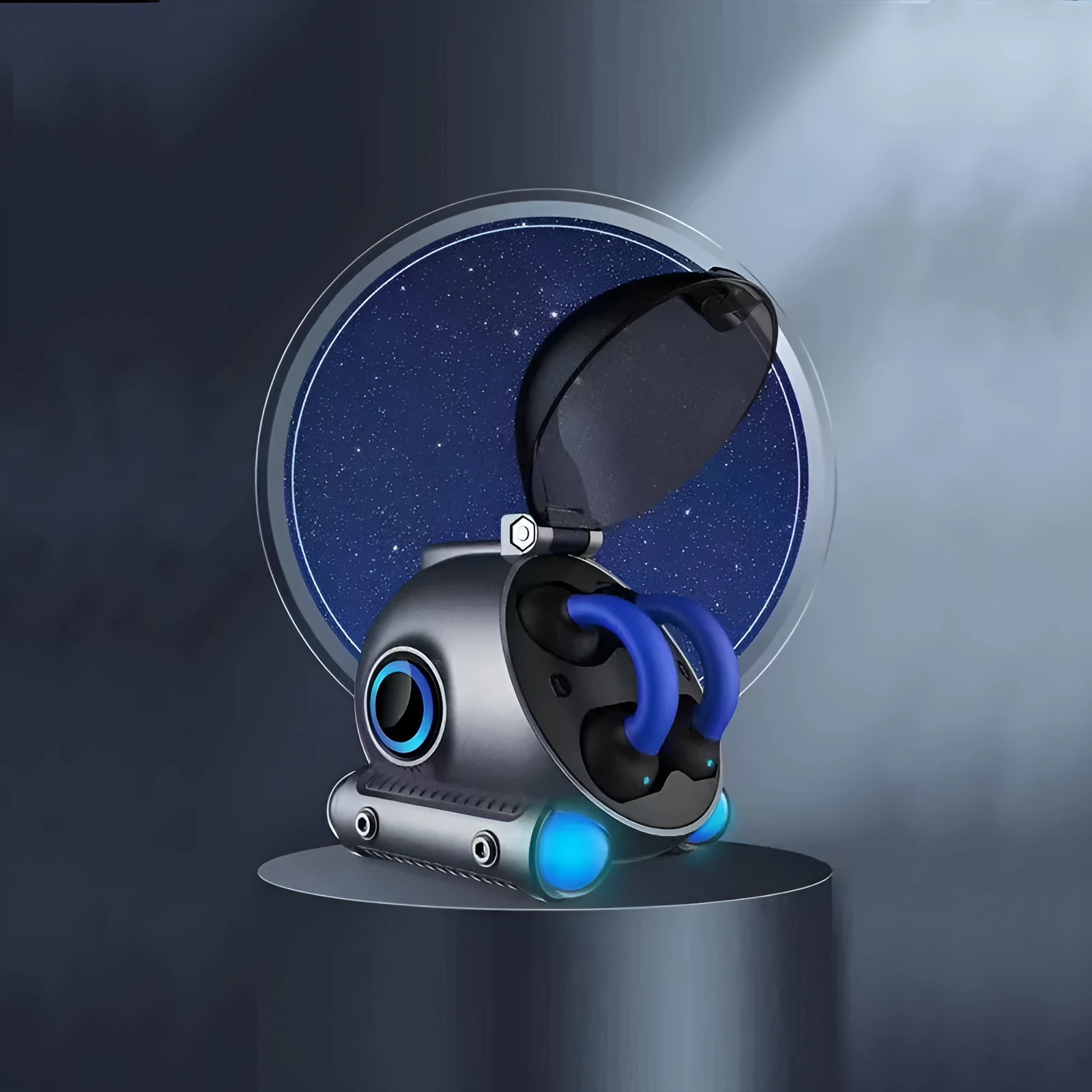 A black or white clip-type wireless Bluetooth headset for sports and hands-free calls.