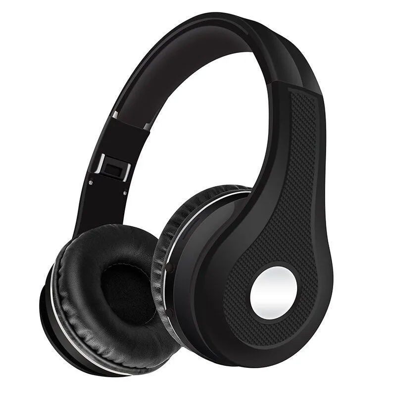 Metallic bluetooth headset in black, blue, gold, or red with head-mounted design and bilateral earpieces