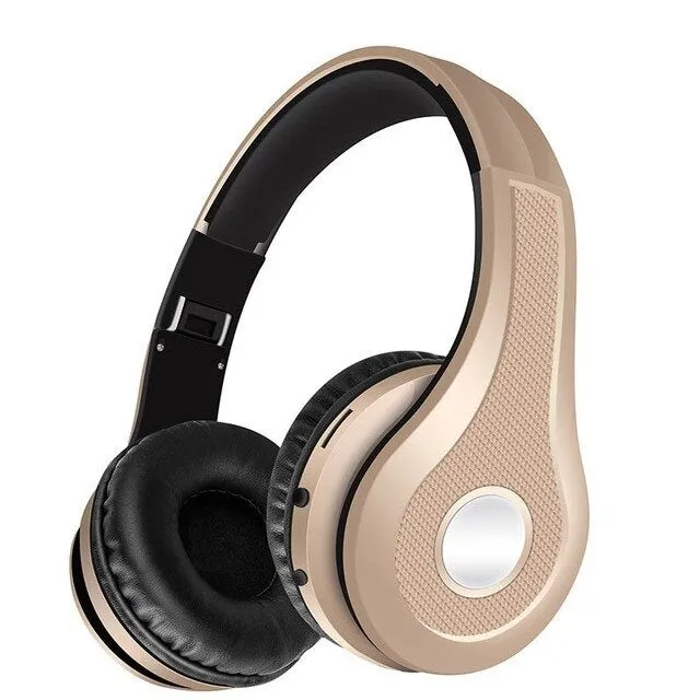 Metallic bluetooth headset in black, blue, gold, or red with head-mounted design and bilateral earpieces