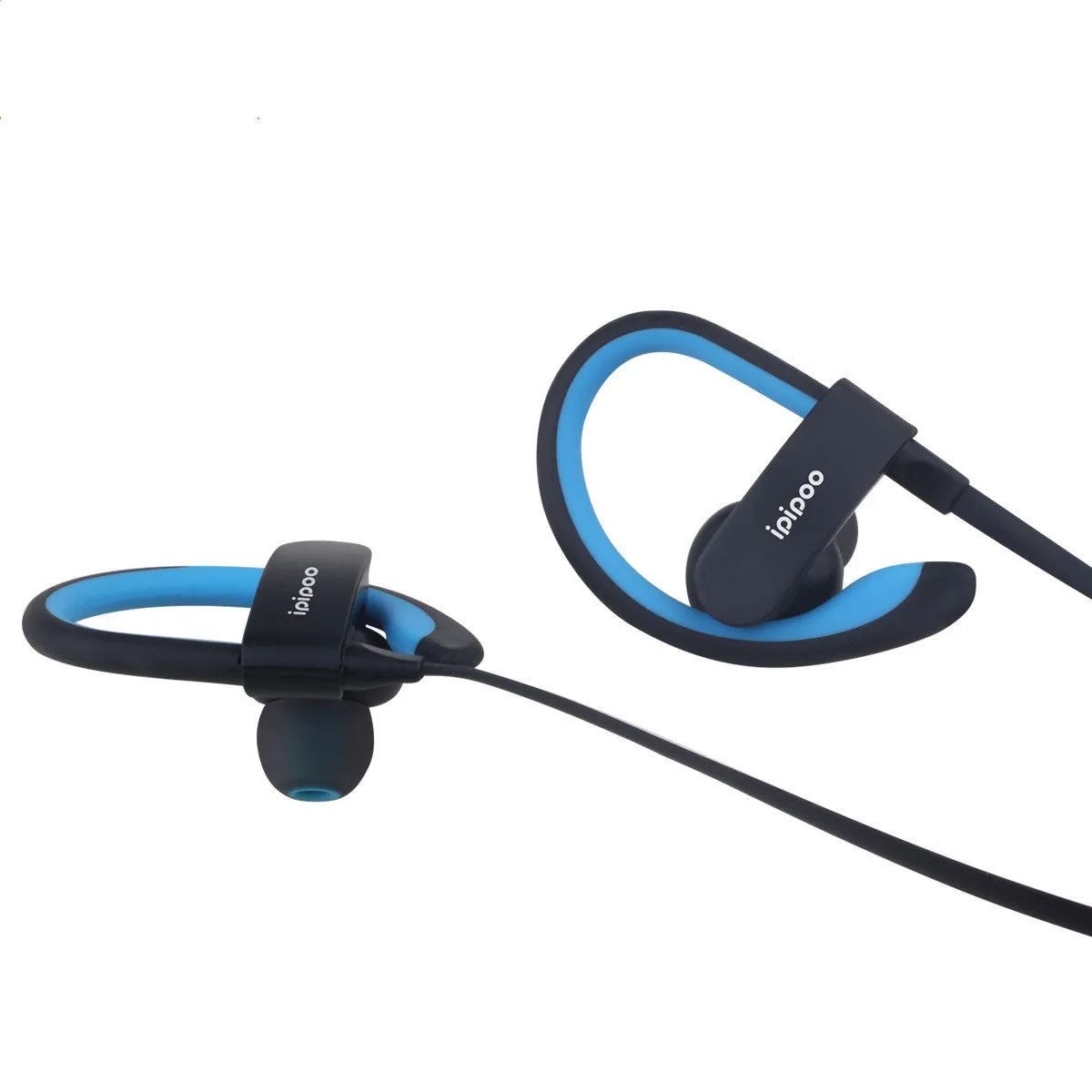 Wireless sports headphones in blue, grey, red and yellow colours showing earplug design