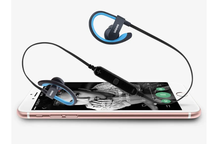 Wireless sports headphones in blue, grey, red and yellow colours showing earplug design