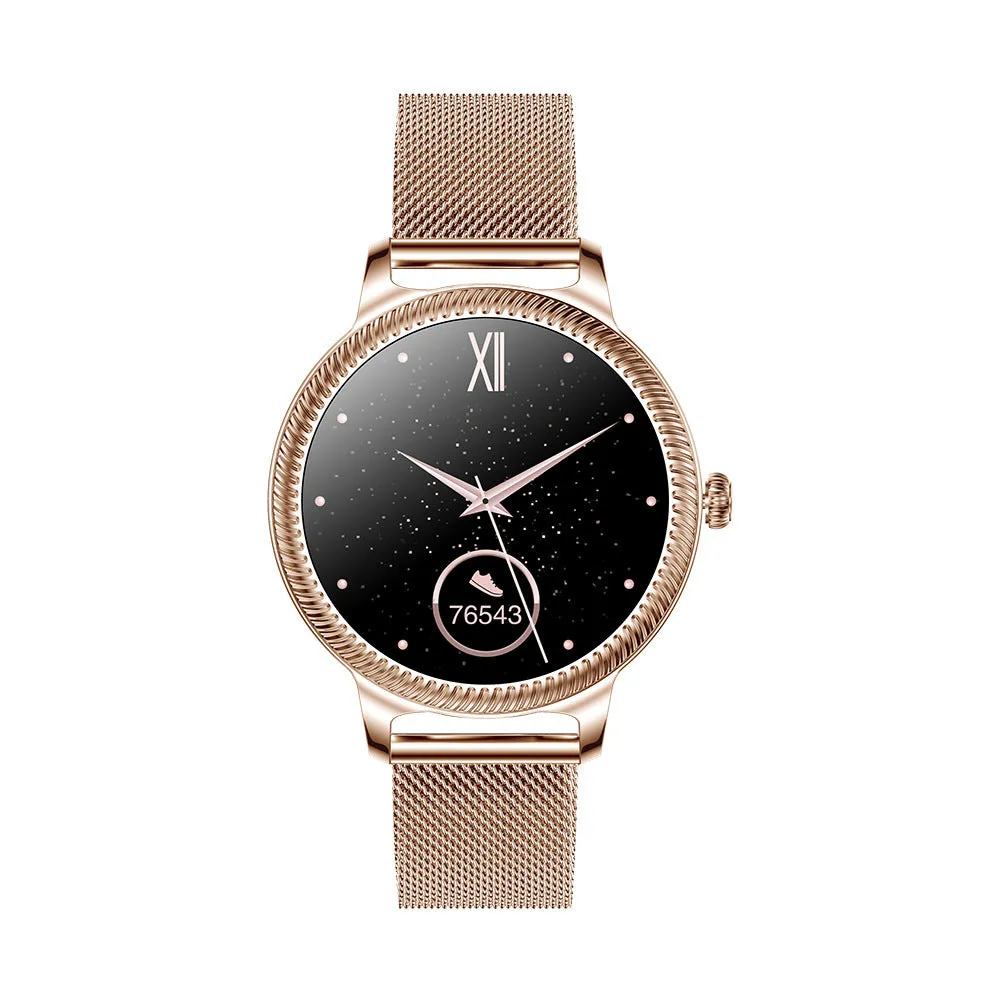 AK38 ladies smart watch with stainless steel band and 1.09-inch display in gold and silver colour options