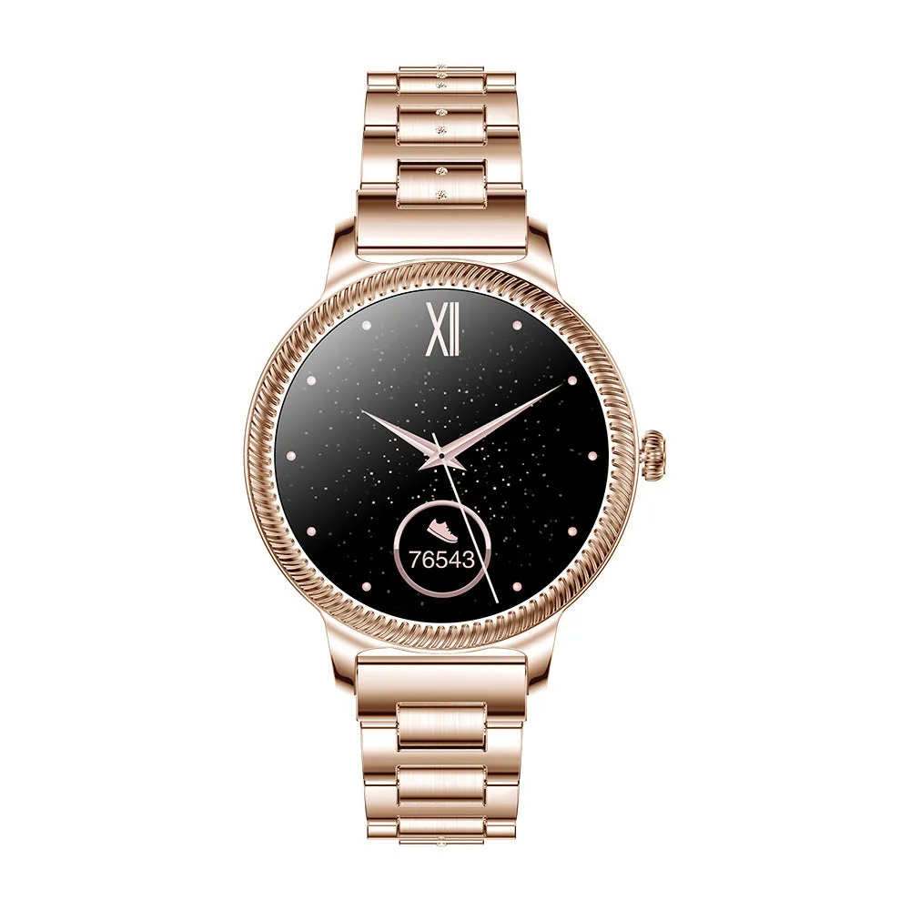 AK38 ladies smart watch with stainless steel band and 1.09-inch display in gold and silver colour options