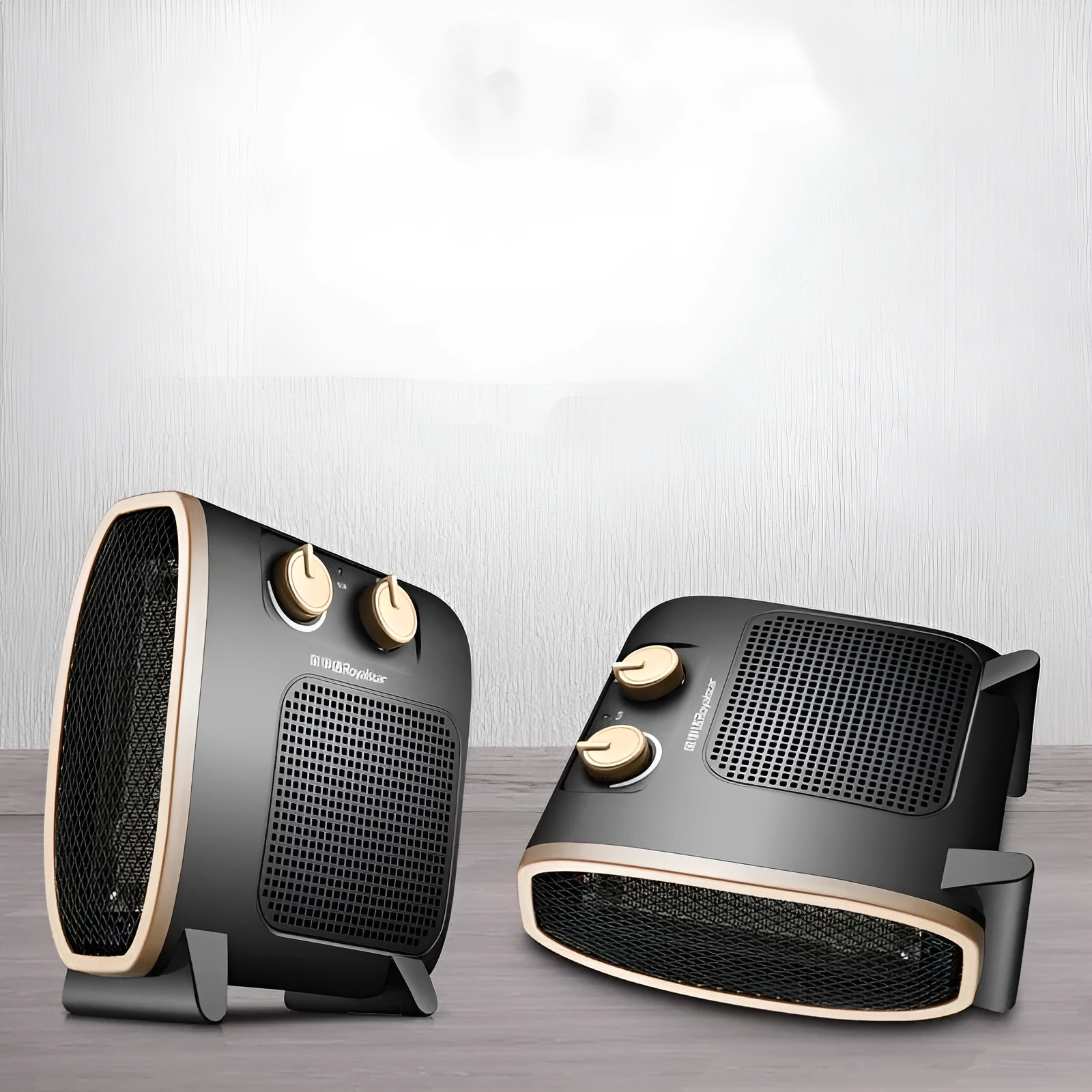 White and black gold portable electric ceramic fan heater with control dials on top.