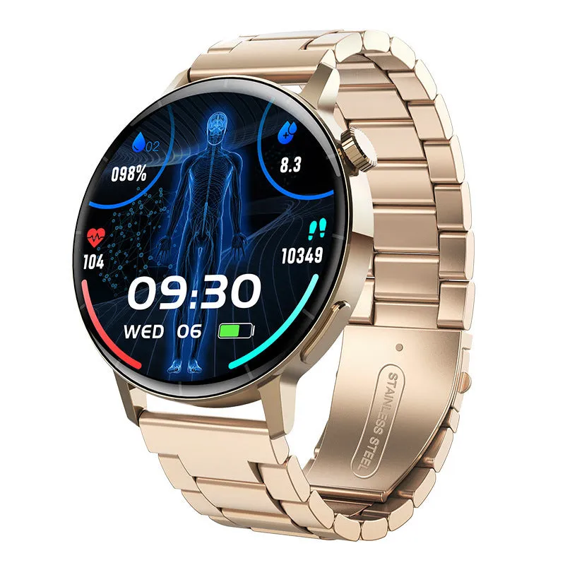 F67S smart watch with blood glucose monitoring on wrist showing touch screen display