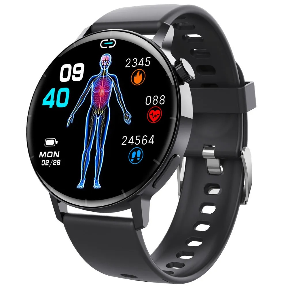 F67S smart watch with blood glucose monitoring on wrist showing touch screen display